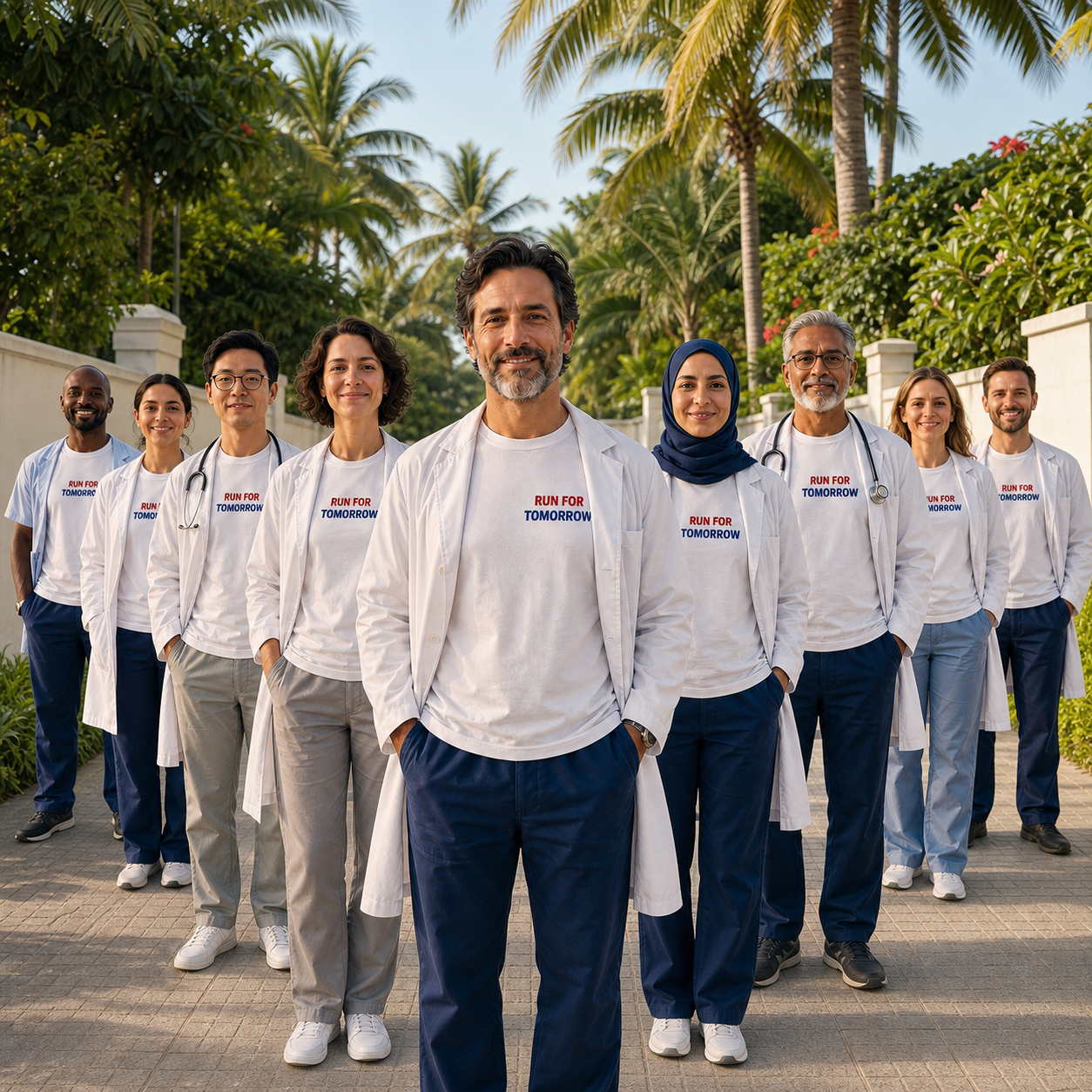Doctors standing together for the Run for Tomorrow marathon among coconut trees